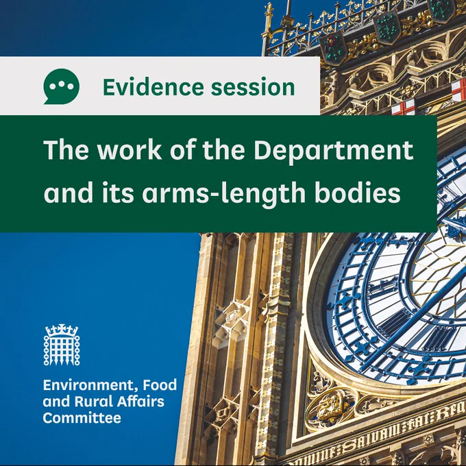 Evidence session.
The work of the Department and its arms-length bodies.
Environment, Food and Rural Affairs Committee.
Photo in the background is a close up of the clock face of Big Ben, the clock tower of the Houses of Parliament.