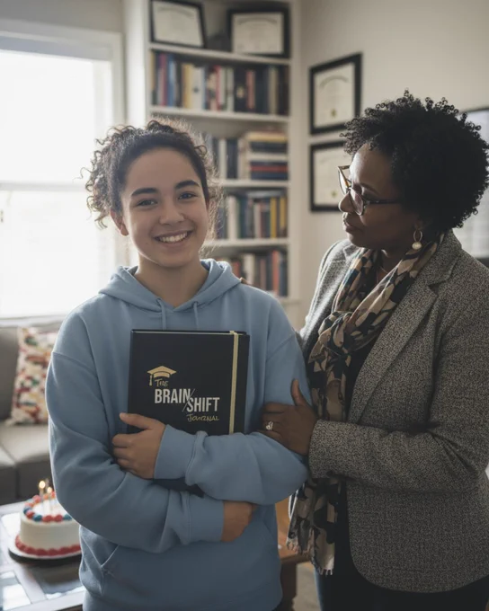 Student holding the Behavior Shift Brain Shift Journal College Success Edition while standing with a mentor or counselor in an office, representing academic coaching tools, student support, goal setting, and behavior change resources.