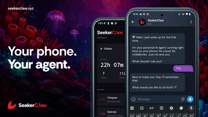 SeekerClaw app shown on two phones — left screen displays the dashboard with 'Your phone. Your agent.' tagline, showing online status and 22h 07m uptime; right screen shows a Telegram chat where the agent introduces itself for the first time and asks the user what to call them.