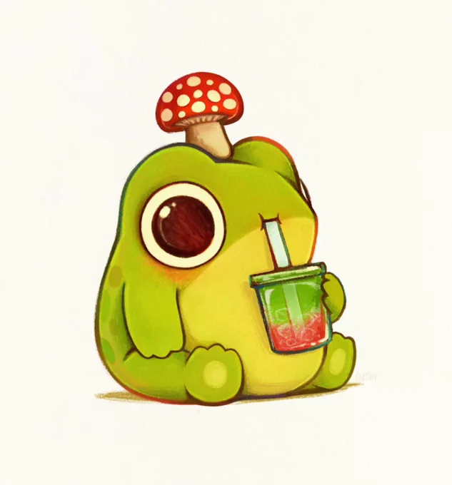 tiny cute Ferdinand frog holding a drink wearing a tiny red mushroom hat adorable frog art by chetom