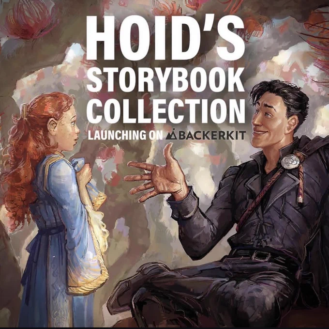 Illustrated promotional graphic for “Hoid’s Storybook Collection” launching on BackerKit. Large white text at the top reads “HOID’S STORYBOOK COLLECTION” with smaller text below: “Launching on BackerKit.” The artwork shows a red-haired young girl in a blue dress holding a small bag, looking up with curiosity at a dark-haired man dressed in black with a cloak and a shoulder clasp. He sits casually on a ledge, smiling and gesturing animatedly with one hand as if telling a story. The background is painterly and whimsical, with soft clouds and warm-toned foliage, giving the scene a magical, storybook feel.
