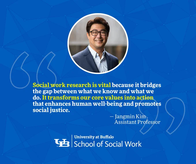 “Social work research is vital because it bridges the gap between what we know and what we do. It transforms our core values into action that enhances human well-being and promotes social justice.” — Jangmin Kim, Assistant Professor