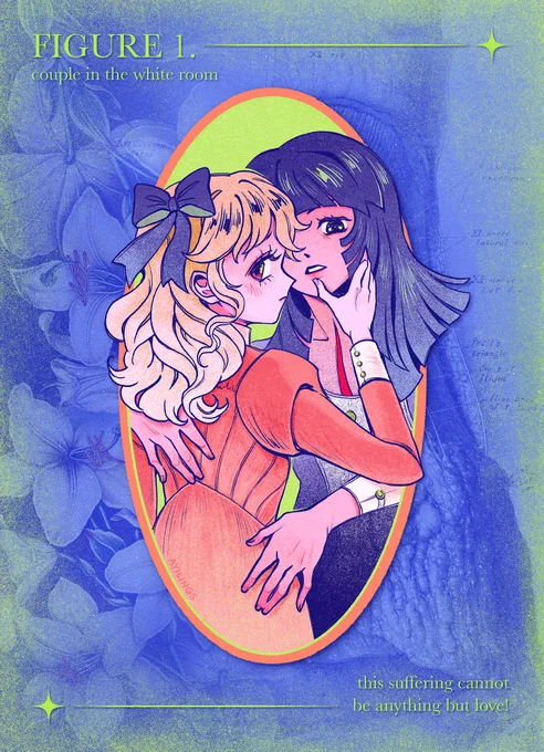 Illustration of Resine and Simone from the Couple in the White Room manga. They are embracing, and Simone has an incision in the center of her chest. Background is a collage of white lilies and surgical illustration. Top left text reads. Figure 1. Couple in the white room. Bottom right text reads: this suffering cannot be anything but love!