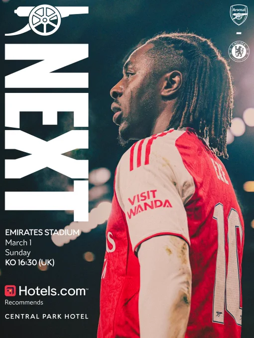 Next match:
Arsenal v Chelsea
March 1
Sunday
KO 4.30pm UK
Hotels.com recommends: Central Park Hotel.