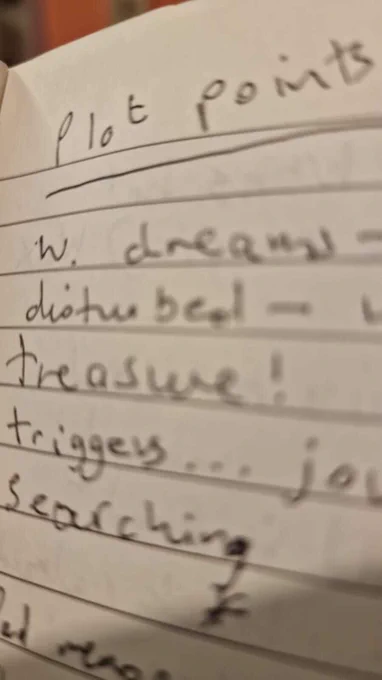 A close up of rough handwritten words in black ink on ruled white paper. Blurred words read - plot points - W dreams - disturbed - treasure - searching…

