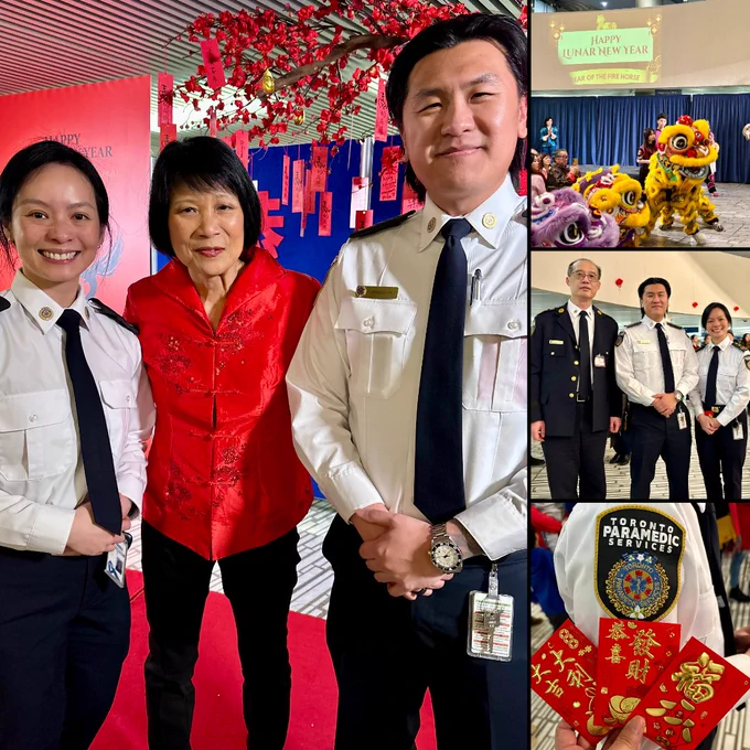 Toronto Paramedic Services staff and Mayor Olivia Chow in several photos celebrating Lunar New Year festivities.