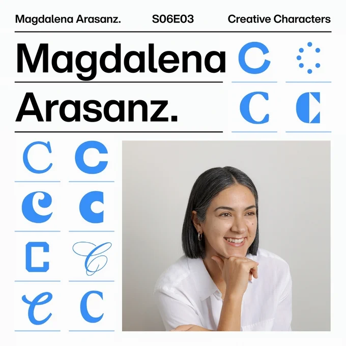 Slides promoting Season 6 Episode 3 of the Creative Characters podcast. Large text: "Magdalena Arasanz." at top left. Top right, 2x2 of blue C's in different styles. Bottom left, 2x4 of blue C's in different styles. Photo bottom right: portrait of Magdalena Arasanz smiling.