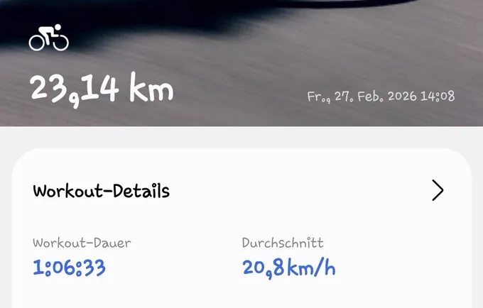 Screenshot meiner Fitnessapp. Heutige Tour waren 23 km.