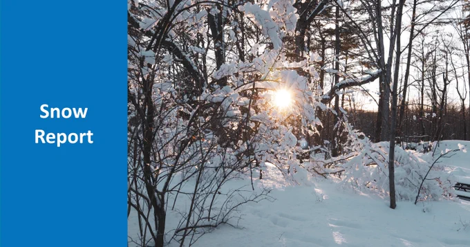 On the left side there is a blue box with white writing that reads "Snow Report" and on the right there is an image of the sunshining through a snowy tree.