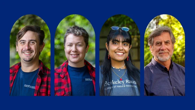 A composite graphic featuring photos of advisors Ryann Madden (left) and Zarah Ersoff, undergraduate Sanya Sitlani, and Professor Daniel Portnoy set against a blue background.