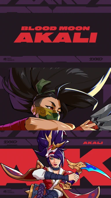 Three panels are stacked upon each other for a click-to-expand experience. The middle image in each stacked panel comprises the main visual of Akali with text beside her. The top panel has text "Blood Moon Akali". The middle panel features the top left quarter of the main Akali visual, showcasing her masked face looking to image right while holding 3 kunais. The bottom panel features the Blood Moon Akali skin holding her kama weapon in a battle-ready position. 