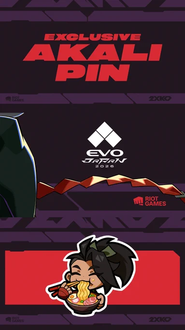 Three panels are stacked upon each other for a click-to-expand experience. The middle image in each stacked panel comprises the main visual of Akali with text beside her.  The top panel has text "Exclusive Akali Pin". The middle panel features the bottom right quarter of the main Akali visual and showcases a part of Akali's leg and outfit. The bottom panel features the pin's design: Akali eating a bowl of ramen. 