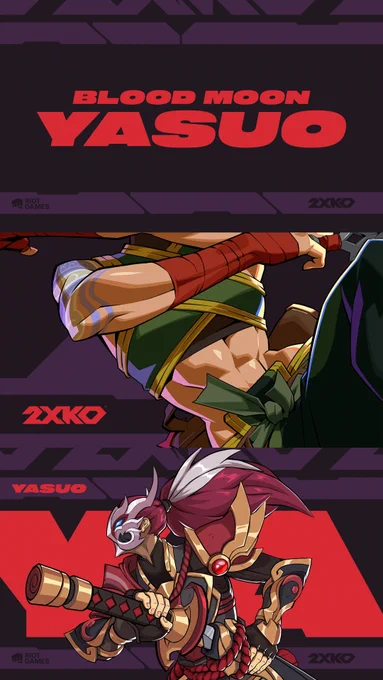 Three panels are stacked upon each other for a click-to-expand experience. The middle image in each stacked panel comprises the main visual of Akali with text beside her.  The top panel has text "Blood Moon Yasuo". The middle panel features the bottom left quarter of the main Akali visual and showcases Akali's torso. The bottom panel features the Blood Moon Yasuo skin holding his weapon in a battle-ready position. 