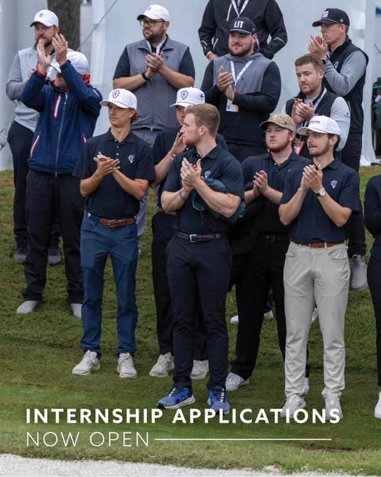 A group of people are standing and clapping outdoors on a grassy area. They are wearing casual athletic clothing and caps. Text on the image reads, "Internship Applications Now Open."