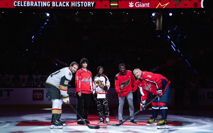 Ceremonial puck drop for this evening's Celebrating Black History game at Capital One Arena featuring Keivonn Woodard, Luke Zeigler-Najar and Duanté Abercrombie with Mark Stone and Alex Ovechkin.