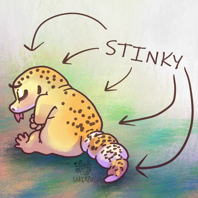 A sitting sad, moping chubby chibi leopard gecko with back slightly facing the viewer on a painterly textured orange-green ground background fading to white toward upper-right corner. At the upper-right area, a handwriting in all cap reads as "STINKY" and multiple arrows points at the sad moping gecko. Just under the tail, there's a subtle artist watermark logo, Sakeozo. 