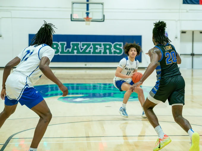 Dallas College North Lake men's basketball's Elijah Black stops at the top of the perimeter to pull up for a shot. North Lake beat Dallas College Eastfield in the District semifinals. 
