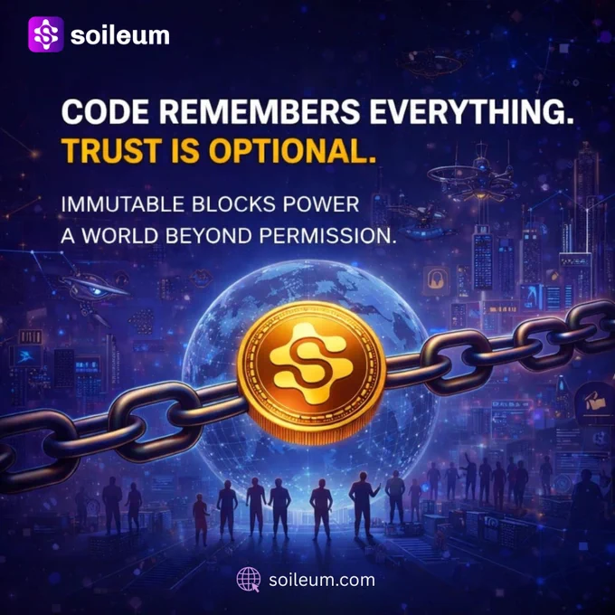 Soileum blockchain coin connected through a digital chain over a futuristic global network symbolizing immutable decentralized infrastructure and trustless verification powered by code.
