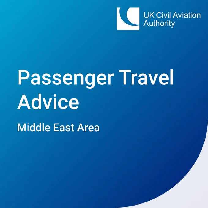 UK Civil Aviation Authority's passenger travel advice for the Middle East region on a blue gradient background.