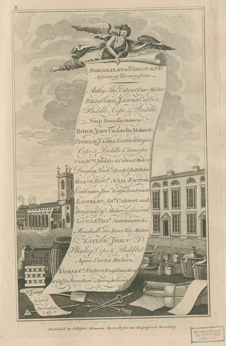 Hand drawn illustration - an angelic figure in the top foreground holding a large scroll descending some distance to ground level -  text at the top of the scroll reads – Bordesley & Deritend adjoining Birmingham. Belove this, a list of merchants and proprietors. At the bottom of the scroll, pieces of manufactory including a barrel, wicker baskets and urns. Behind the scroll is the frontage of a large building. A church bell tower in the back right of the drawing.