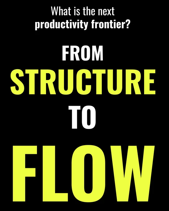 Bold text on a black background highlights a shift in productivity focus from "Structure" to "Flow," prompting reflection on future practices.
