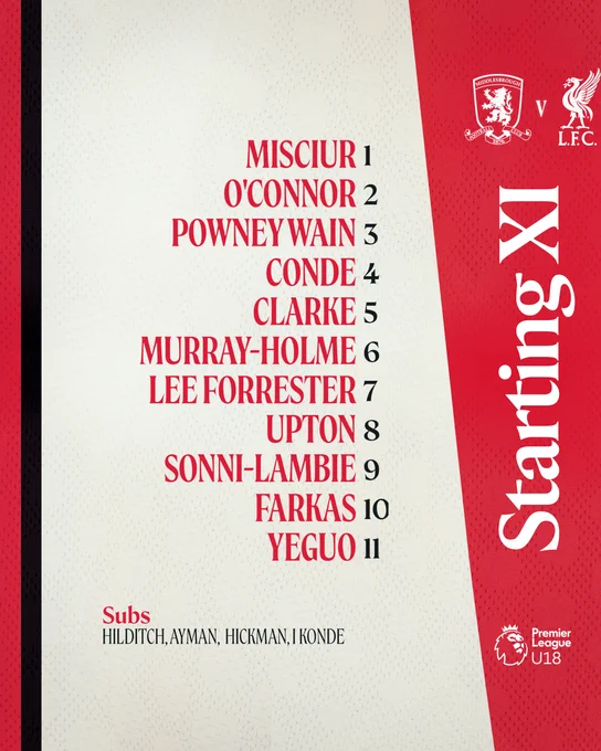 A graphic showing the starting XI for LFC U18s v Middlesbrough: 1 Kornel Misciur, 2 Oliver O'Connor, 3 Cian Powney Wain, 4 Lenix Conde, 5 Lucas Clarke, 6 Haydn Murray-Holme, 7 La'more Lee Forrester, 8 Joe Upton, 9 Josh Sonni-Lambie, 10 Erik Farkas, 11 AJ Yeguo. Subs 12 Alvin Ayman, 13 James Hilditch, 14 Ellis Hickman, 15 Isaac Konde 