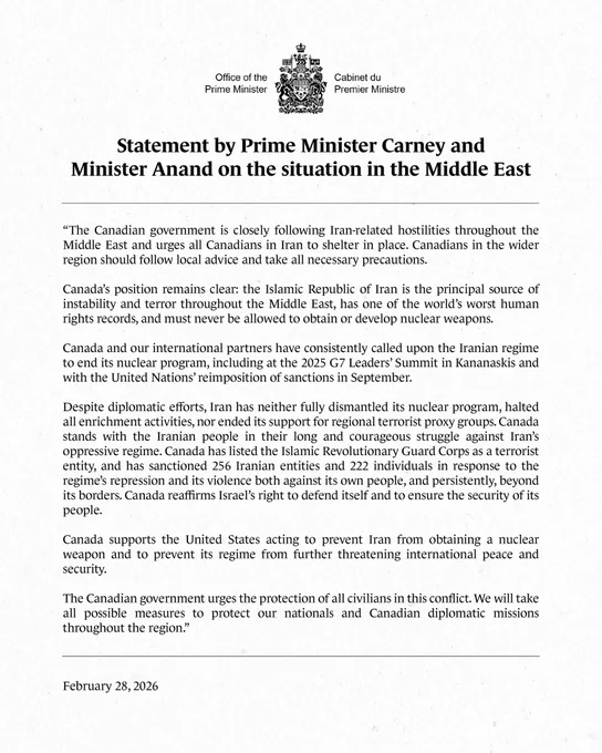 Statement by Prime Minister Carney and Minister Anand on the situation in the Middle East