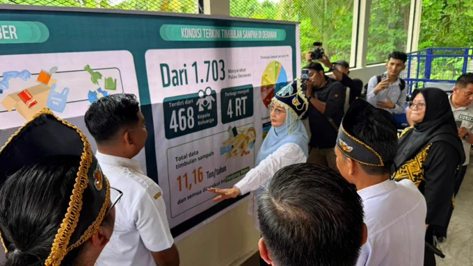 Suasana akrab dalam sebuah acara lingkungan di Kepulauan Derawan, Indonesia. Tampak beberapa pria dan wanita mengenakan penutup kepala tradisional berwarna hitam-emas dengan motif penyu. Seorang pria berbaju batik biru dan seorang wanita berhijab biru muda sedang tersenyum dan berinteraksi dengan warga serta pejabat setempat. Di latar belakang terlihat truk pengangkut sampah hijau dan banner program kebersihan.