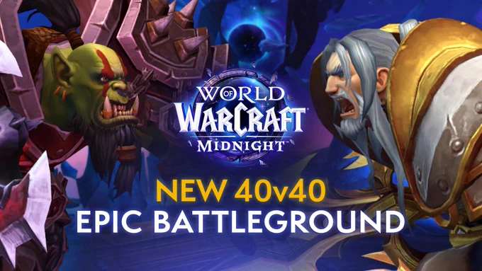 On the left side of the image, there is an orc suited in reddish armor. He is making a grimacing face. On the right side is a human man with gold and silver armor. His face is contorted into a shout. In the center is the World of Warcraft: Midnight; under the logo is the text, \u201CNew 40v40 Epic Battleground.\u201D