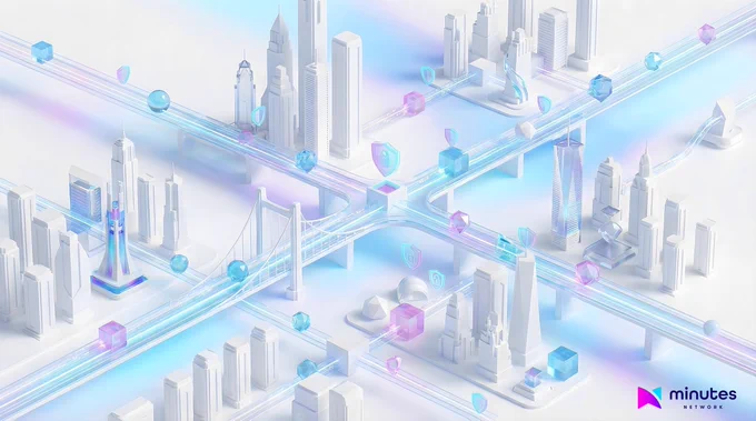 Alt text: Promotional social media graphic for Minutes Network announcing a March 6 roadmap update. The image shows a futuristic white smart city with interconnected bridges and glowing digital highways symbolizing decentralized telecom infrastructure, blockchain-powered voice routing, and global network scaling. Blue and purple data streams flow between skyscrapers, with floating cubes and shield icons representing security, node staking, and tokenized rewards. The Minutes Network logo appears in the corner. The accompanying post announces the updated Minutes Network Roadmap, outlining current project status, execution milestones, expansion strategy, and the next 12 months of growth, innovation, and infrastructure scale.