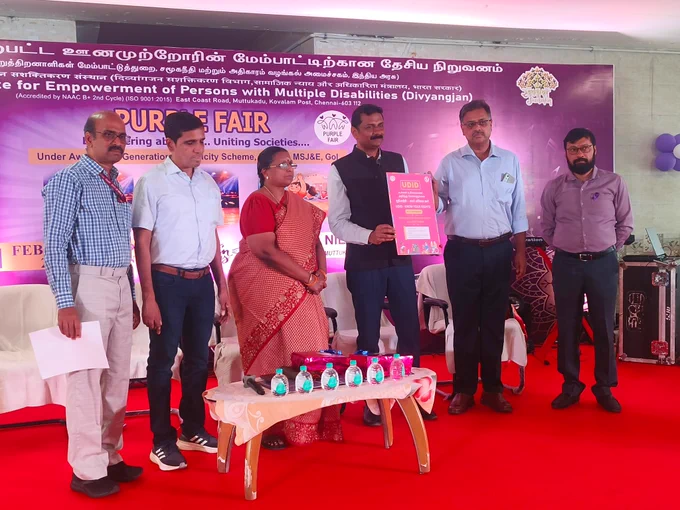 Release of Multilingual UDID Information Booklet by dignitaries on the occasion of grand event 'Purple Fair 2026' at NIEPMD (D), Chennai.