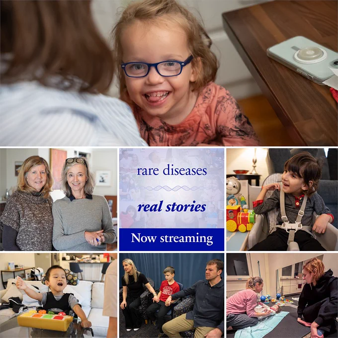 Collage of images of the families featured in the Rare Diseases, Real Stories podcast, with text in the middle that says Rare Diseases, Real Stories Now streaming
