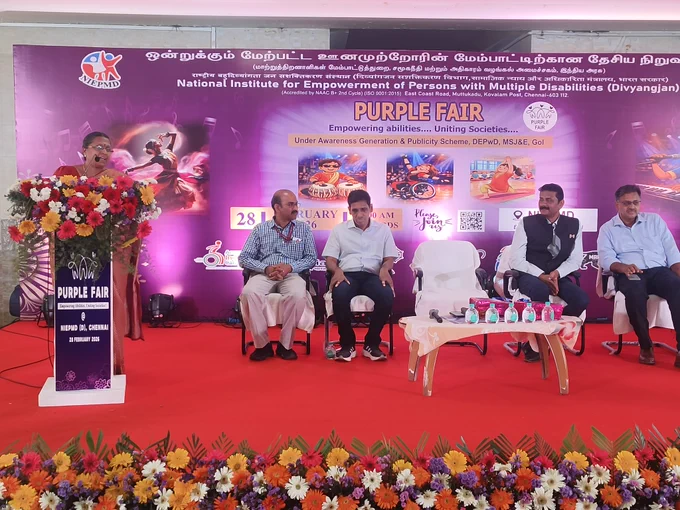 Smt. M. Lakshmi, IAS., State Commissioner for Welfare of the Differently Abled, Govt. of Tamil Nadu, addressed the gathering on 'Accessibility and Empowerment' on the occasion of  grand event 'Purple Fair 2026' at NIEPMD (D), Chennai.