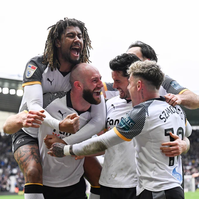 Derby County's players celebrate Matt Clarke's winner against Blackburn Rovers at Pride Park Stadium.