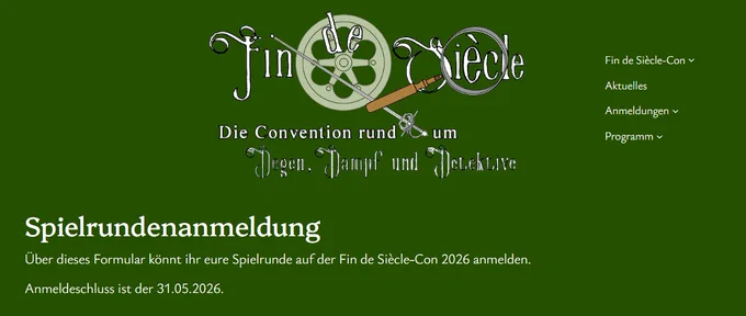 Screenshot der Spielrundenanmeldung für die Fin de Siècle-Con 2026.