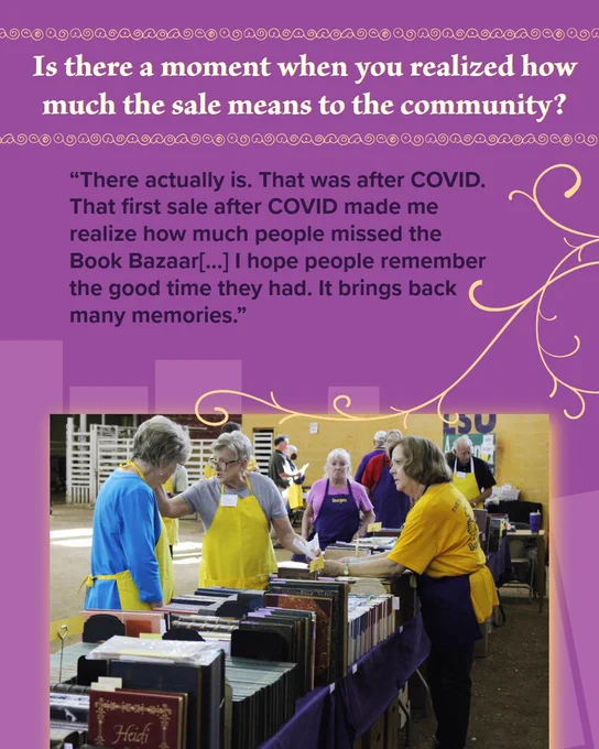 Volunteers in yellow aprons assist customers browsing books at a community Book Bazaar.

Is there a moment when you realized how much the sale means to the community?
“There actually is. That was after COVID. That first sale after COVID made me realize how much people missed the Book Bazaar[…] I hope people remember the good time they had. It brings back many memories.”