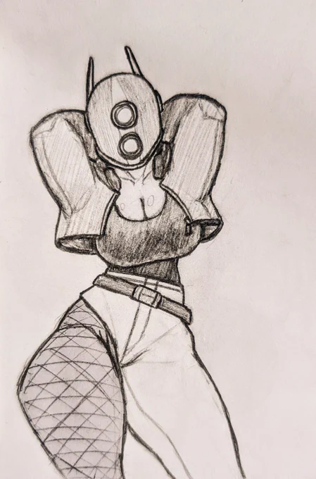 Huntress from Risk of Rain 2 wearing a cropped jacket and a pair of pants with only one pant leg. Cleavage.