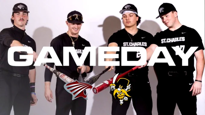 Four men in matching black St. Charles Community College uniforms pose with baseball bats pointing towards the camera. The word "GAMEDAY" is prominently displayed over them. Two logos, one of an SCC Cougar logo and another for Three Rivers College, are placed on the image.