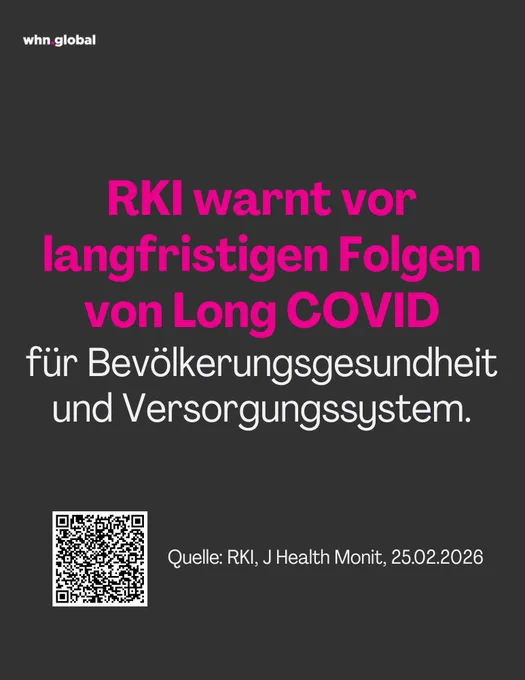 Grafik mit dunklem grauem Hintergrund. Oben links steht „whn.global“. In großer pinker Schrift steht: „RKI warnt vor langfristigen Folgen von Long COVID“. Darunter in weißer Schrift: „für Bevölkerungsgesundheit und Versorgungssystem.“ Unten links befindet sich ein QR-Code. Rechts daneben steht: „Quelle: RKI, J Health Monit, 25.02.2026“.