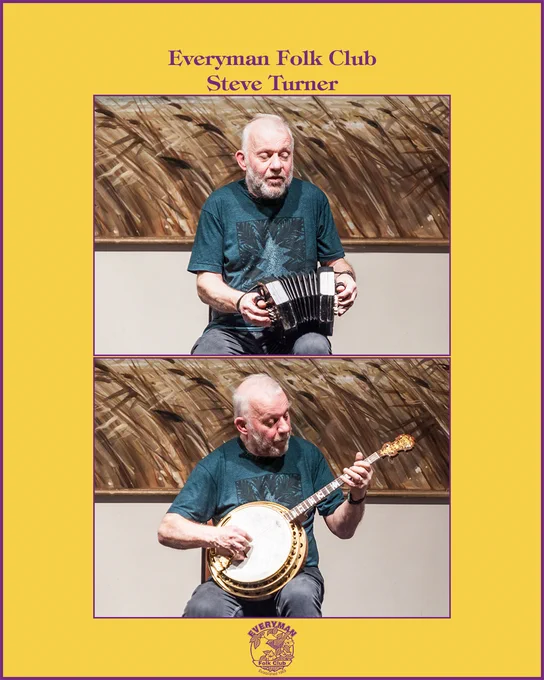 Two photos of Steve Turner performing. In each, Steve is seated, wearing a black-aqua t-shirt and black trousers. Screen printed on the centre of Steve’s t-shirt is a cluster of white stars framed by a ring of black pines. In the upper photo, Steve is playing English concertina and singing. In the lower photo, Steve is playing a tune on his tenor banjo.
