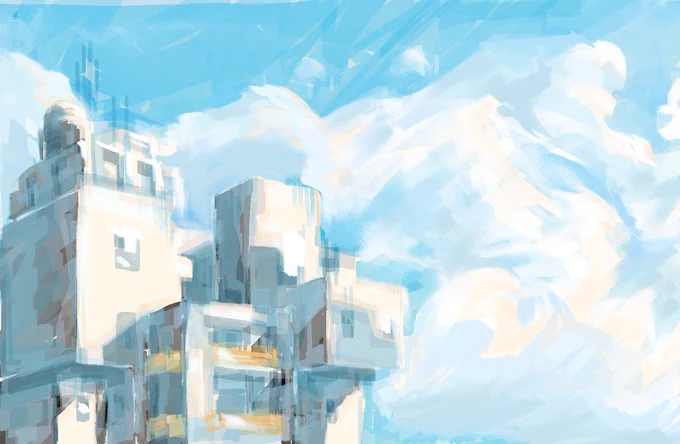 no line art cloud and sky based composition very light atmosphere
architecture drawing of the building i see every day from my windows and the not so happy blue sky of today ...  