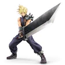 A character with spiky blonde hair is holding a large, distinctive sword, known as the Buster Sword, wearing a sleeveless top, dark pants, and boots. This is Cloud Strife from the Final Fantasy series.