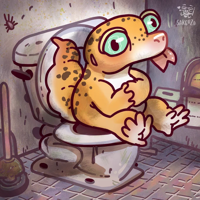 Inside a stall of a grungy public restroom, a bright orange gecko is sitting on the toilet whimsically to herself. The environment feels very worn out and dirty, there's a toilet plunger next to the toilet and a mite on the wall. At the upper-right corner, there is an artist's logo as watermark by Sakeozo.