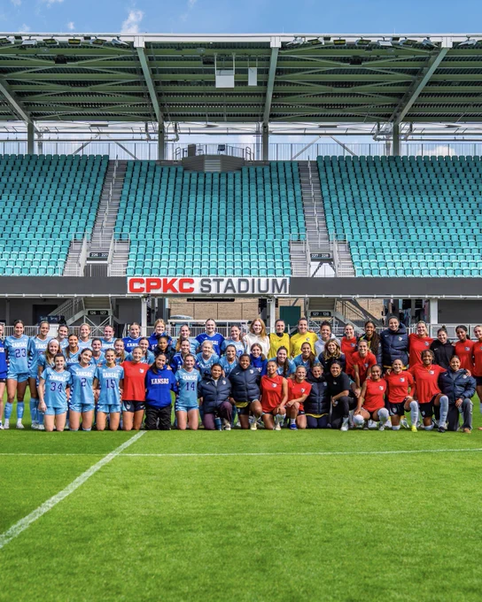 University of Kansas Women's soccer team pictured with KC Current at CPKC Stadium.