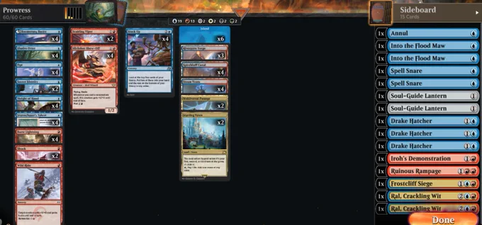 Deck
4 Stormchaser's Talent (BLB) 75
4 Boomerang Basics (TLA) 46
4 Burst Lightning (FDN) 192
4 Elusive Otter (WOE) 225
4 Slickshot Show-Off (OTJ) 146
4 Stock Up (DFT) 67
4 Opt (FDN) 512
4 Sleight of Hand (WOE) 67
1 Wild Ride (TDM) 132
2 Scalding Viper (WOE) 235
2 Shock (M21) 159
4 Spirebluff Canal (KLR) 286
3 Riverpyre Verge (DFT) 260
4 Steam Vents (GRN) 257
2 Starting Town (FIN) 289
2 Multiversal Passage (OM1) 181
6 Island (UST) 213
2 Secret Identity (OM1) 42

Sideboard
1 Iroh's Demonstration (TLA) 141
1 Annul (EOE) 46
2 Ral, Crackling Wit (BLB) 230
2 Spell Snare (ECL) 71
1 Ruinous Rampage (EOE) 158
2 Into the Flood Maw (BLB) 52
2 Soul-Guide Lantern (WOE) 251
1 Frostcliff Siege (TDM) 187
3 Drake Hatcher (FDN) 35
