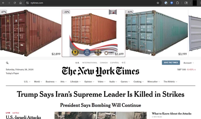 Screenshot of NYTimes homepage, with a large banner ad for cargo containers above the webpage. It's pretty tall.