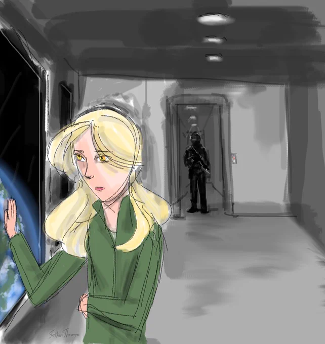 Colorful painting (except the gray spaceship interior) of Sheyla looking out a side window to see the planet Primorda, where her home Kaldoa is.  A guard in space armor stands in a back doorway, on patrol.