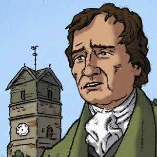 Polyp's drawing of Samuel Bamford as a young man, in front of the clock tower of the church in Middleton.