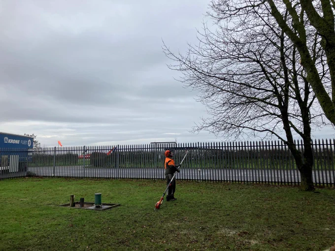 A person wearing an orange safety vest and helmet is using a pole saw to trim a tree near a metal fence on a cloudy day.
