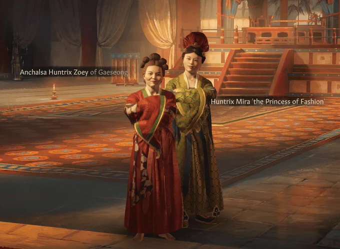 a small middle-aged duchess stands in front of her daughter in a korean-style thrown room.